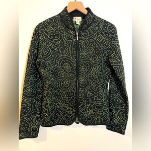 Neve Designs 100% Wool Filigree Full Zip Sweater Size Med Black/Green Nordic EUC
